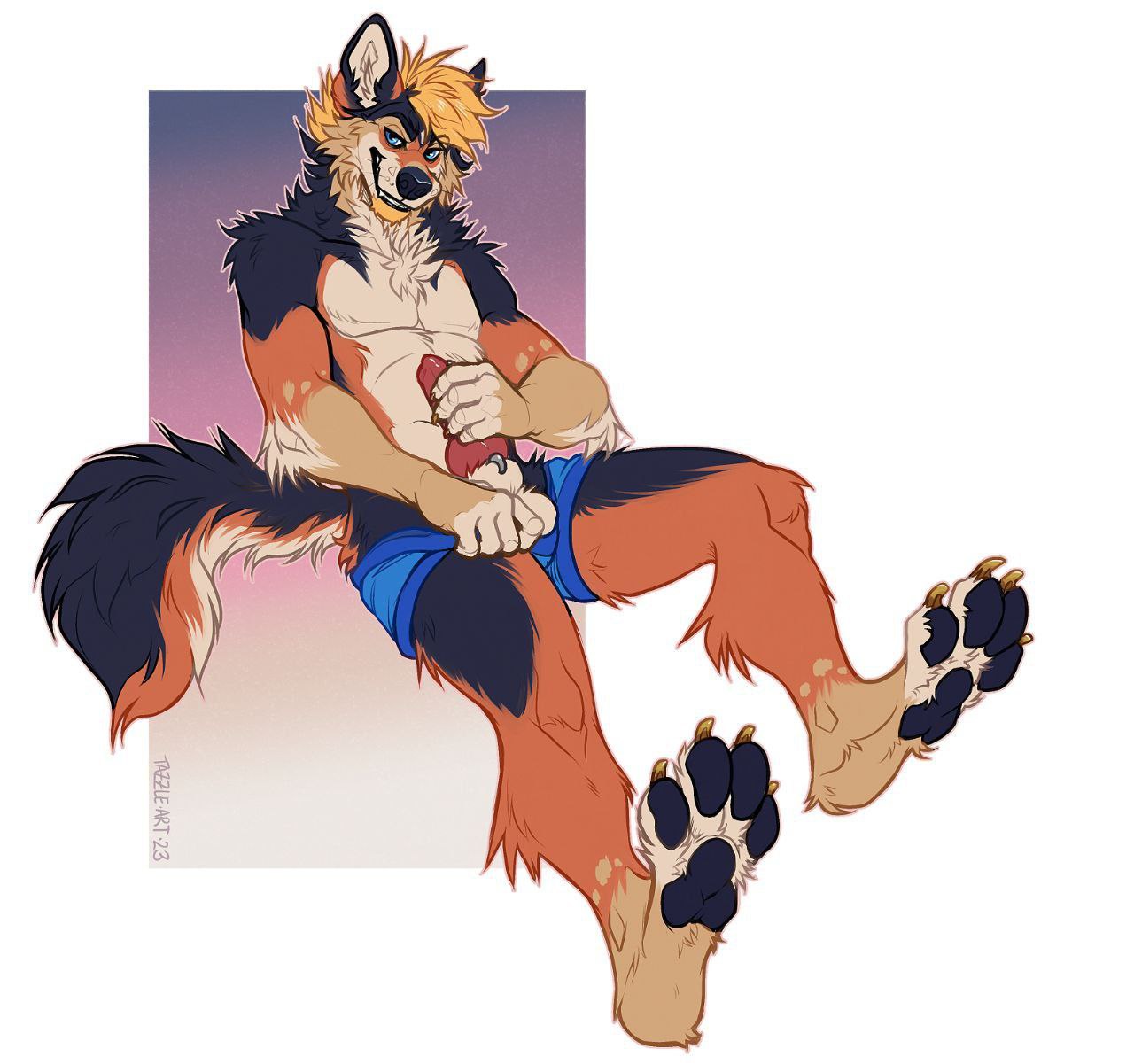 looking at viewer, piercing, erection, furry, dick, tail, paws, boxers, hot