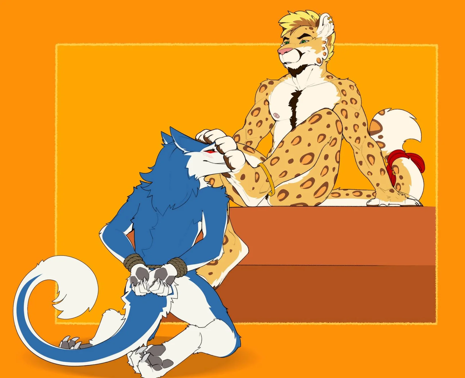 nipples, completely nude, nude, naked, piercing, sitting, smile, male, male only, furry, male focus, tail, furry male, kneeling, 2boys, paws, blush, ear piercing, multiple boys, bdsm, bondage, arms behind back, blue fur, bound, bound wrists, domination, orange background