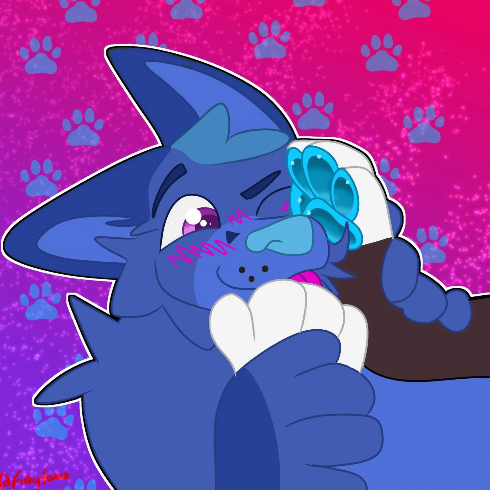 smile, male, feet, male only, furry, 2boys, paws, blush, holding, pawpads, blue fur, upper body, purple eyes, one eye closed, pink background