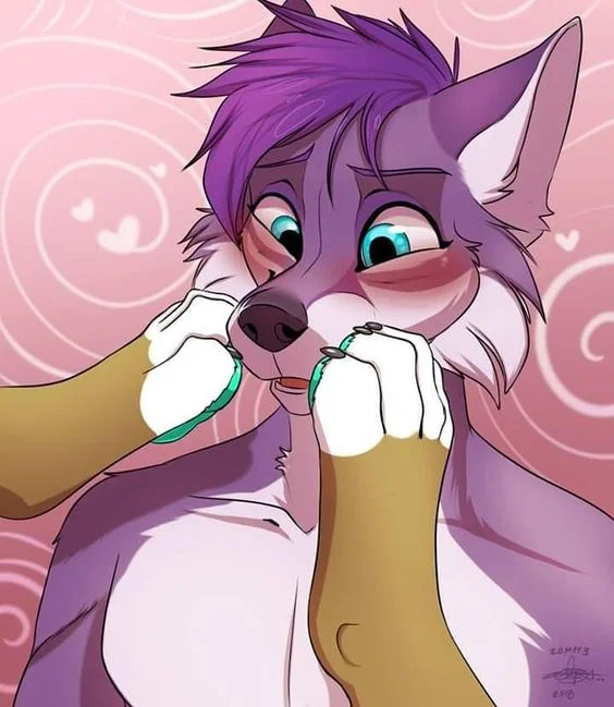 completely nude, standing, nude, solo, male, male only, 1boy, furry, animal ears, furry male, white male, blue eyes, open mouth, paws, blush, white fur, body fur, snout, looking down, purple hair, upper body, animal nose, solo focus, collarbone, heart
