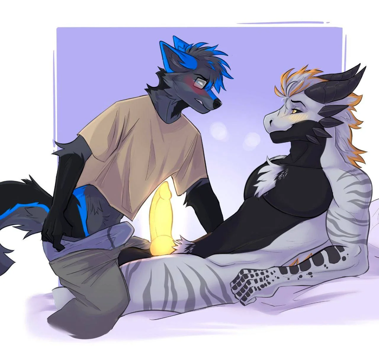 completely nude, naked, nude, sitting, partially dressed, penis, male, erection, balls, male only, furry, animal ears, glasses, tail, furry male, male focus, 2boys, blue hair, blush, lying down, muscular male, multiple boys, shirt, underwear, wolf boy, white fur, knot, pants, grey fur, looking at another, bulge, blue fur, male underwear, yellow eyes, dragon boy