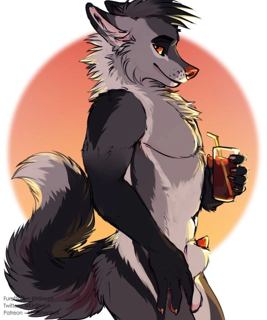 nipples, looking at viewer, completely nude, standing, naked, nude, black hair, solo, smile, male, penis, male only, 1boy, furry, balls, animal ears, male focus, tail, furry male, testicles, wolf boy, white fur, wolf ears, holding, snout, wolf tail, from side, grey fur, drink, holding cup, orange eyes