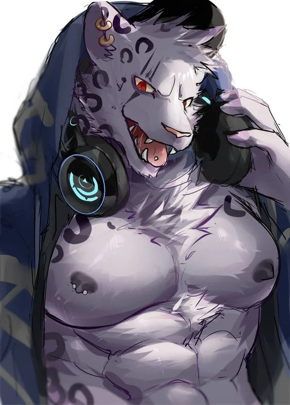 nipples, looking at viewer, standing, piercing, stomach, solo, partially dressed, male, male only, 1boy, furry, animal ears, male focus, furry male, tongue out, earrings, tongue, nipple piercing, muscular, abs, muscular male, short hair, ear piercing, wolf boy, jewelry, pectorals, grey fur, headphones, large pectorals, jacket, red eyes, tongue piercing, upper body, open clothes, hood, colored sclera, fangs, headphones around neck, hooded jacket, open jacket