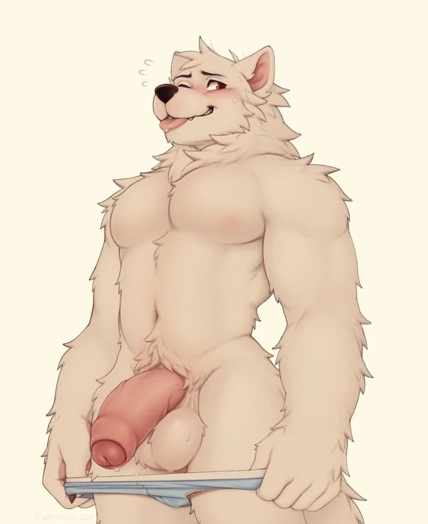 nipples, looking at viewer, front view, navel, standing, nude, naked, stomach, solo, male, penis, erection, male only, thighs, 1boy, furry, balls, animal ears, male focus, furry male, tail, testicles, tongue out, tongue, thick thighs, muscular, muscular male, abs, blush, underwear, pectorals, white background, underwear only, topless male, male underwear, foreskin