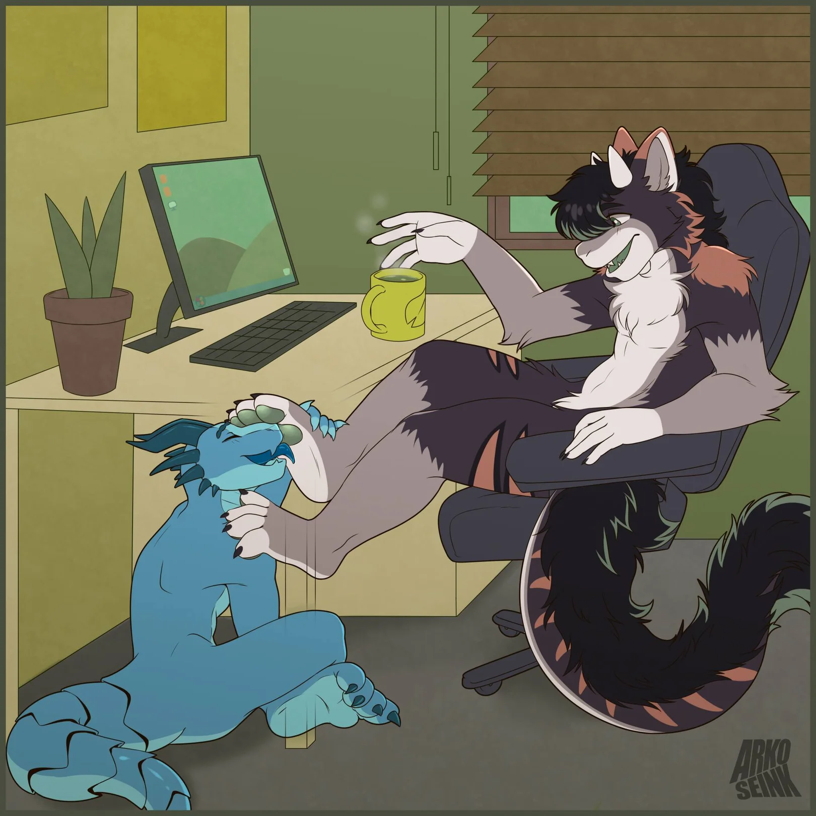 indoors, nude, sitting, smile, male, feet, male only, furry, animal ears, tail, open mouth, 2boys, paws, holding, black fur, pawpads, claws, chair, anthro, horns, plant, crossed legs, computer, mug, paws licking
