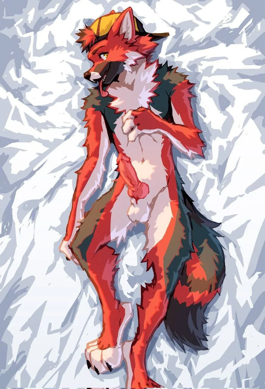 looking at viewer, erection, furry, tail, bed, tongue, paws, hat, dick, red fox