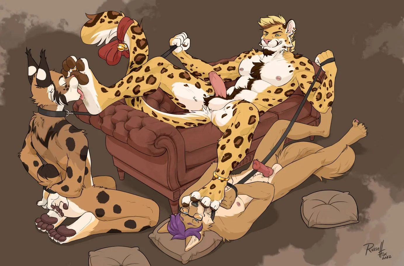 nipples, indoors, completely nude, nude, naked, stomach, piercing, spread legs, male, penis, male only, erection, thighs, furry, on back, balls, male focus, animal ears, testicles, tail, furry male, on knees, lying, lying down, glasses, kneeling, paws, muscular, abs, muscular male, collar, ear piercing, multiple boys, bdsm, on couch, pectorals, knot, brown fur, bondage, full body, leash, couch, licking, purple hair, anthro, 3boys, leopard tail, licking paws, domination, leopard ears, mmm threesome