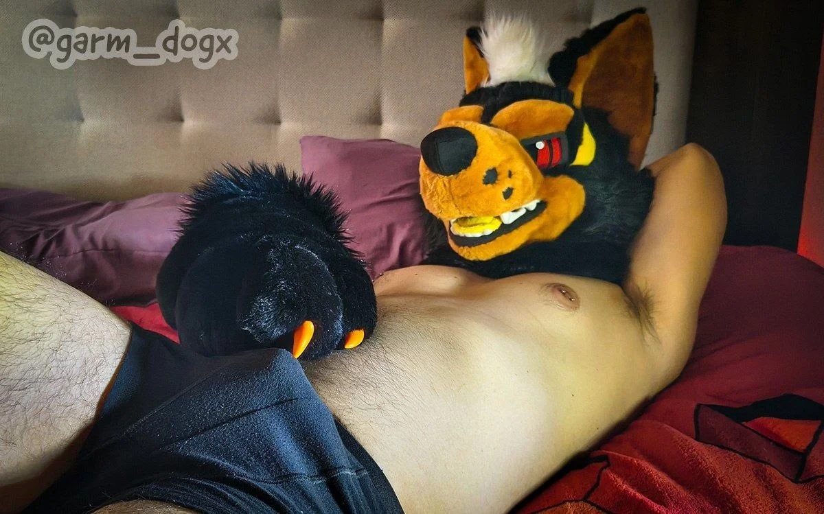 nipples, indoors, on bed, bedroom, solo, male, on back, bed, 1boy, male only, furry, furry male, male focus, lying, lying down, underwear, armpits, bulge, male underwear, fursuit head, red eyes, fursuit, fursuit paws, leg hair, armpit hair