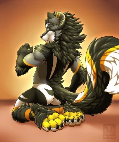 ass, completely nude, naked, nude, sitting, solo, male, from behind, male only, 1boy, furry, animal ears, male focus, tail, back view, furry male, muscular, paws, muscular male, full body, black fur