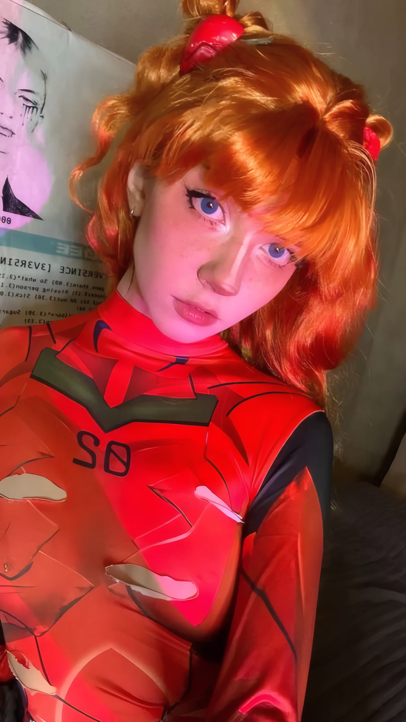 1girl, female only, looking at viewer, long hair, medium breasts, bangs, non-nude, solo, blue eyes, earrings, cosplay, freckles, orange hair, upper body